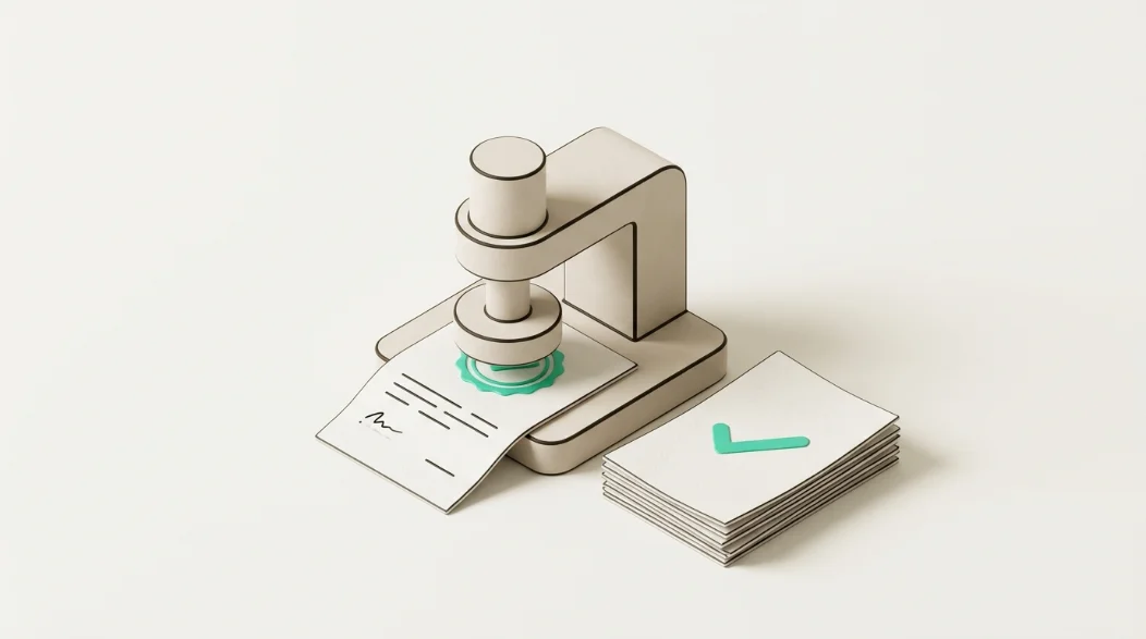 Isometric illustration of a transcript sheet passing under a stamping machine that presses a mint score-ring emblem, beside a stack of graded sheets with mint check marks