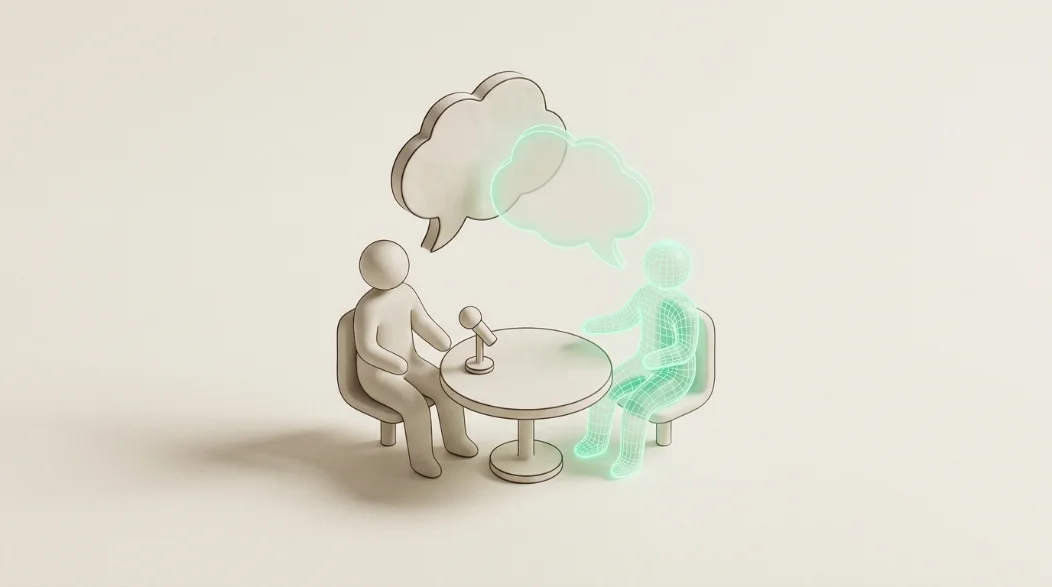 Isometric illustration of two figures in conversation across a table, one rendered as a translucent mint wireframe hologram, with speech bubbles floating between them